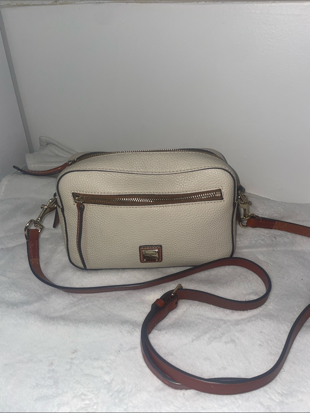 Dooney & Bourke Cream Pebble Leather Crossbody with Brown Trim